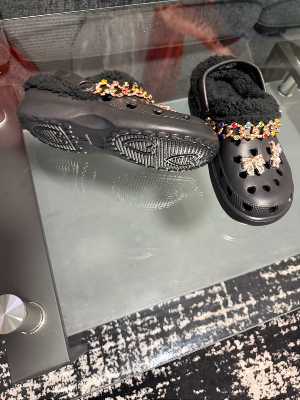 Black Fuzzy Slip-On Clogs with Multicolor Jewel Chain